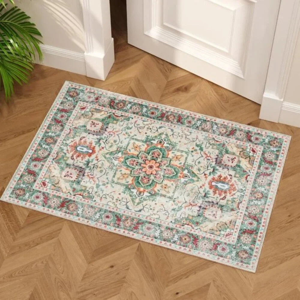 2x3 Vintage Entryway Rug, Washable Non-Slip Small Area Rug for Room, Cream/Green